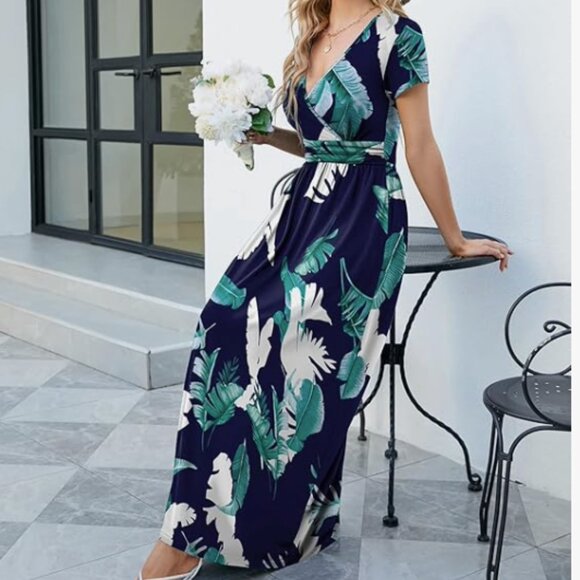 ANRILITA Dresses & Skirts - XL Maxi Dress for Women Wrap V Neck Short Sleeve Empire Pleated Waist -Pre-Loved